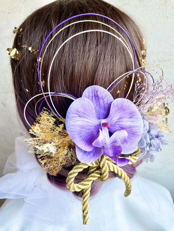 髪飾り(パープル) 水引 胡蝶蘭 金箔 紫陽花 2枚目の画像