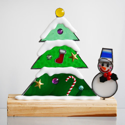 ステンドグラス　クリスマス　クリスマスツリーと雪だるまさん 2枚目の画像