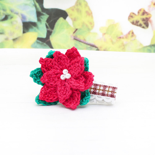 【ポインセチアリボン】ベビーヘアクリップ ヘアゴム ポインセチアのベビーヘアクリップ クリスマスアクセサリー