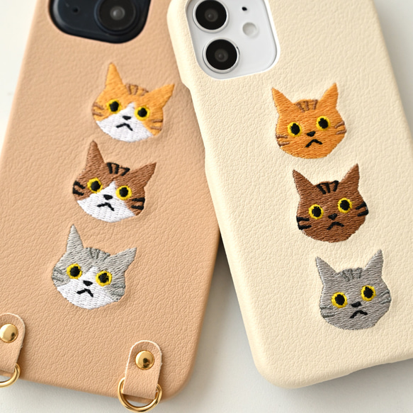 多機種対応 スマホケース 【 刺繍 まるっと 3匹の猫 】 スマホショルダー ねこ ネコ ペット アニマル A235I 14枚目の画像