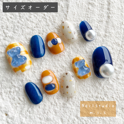 ネイルチップ サイズオーダー 韓国 ポップ ぷっくり くま オレンジ  