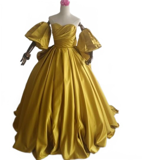 ウェディングドレス  鬱金色  取り外し袖　  リボン  華やか  結婚式  カラードレス   可愛い