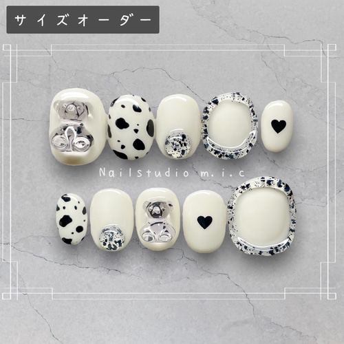 ネイルチップ サイズオーダー 韓国 ポップ ぷっくり ハート くま  
