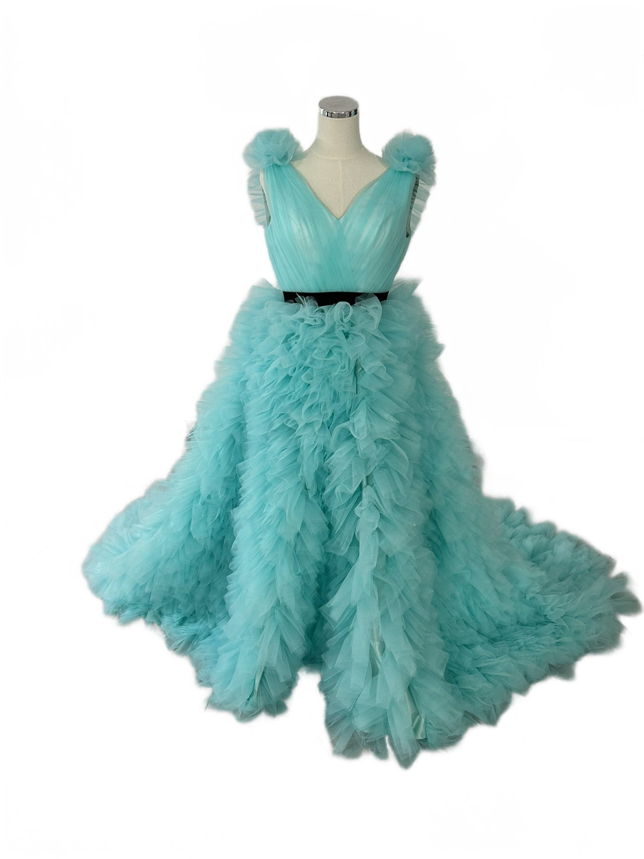 豪華！ ウェディングドレス ライトブルー カラードレス サッシュベルト 華やかなトレーン オンショルダードレス 背中見せ