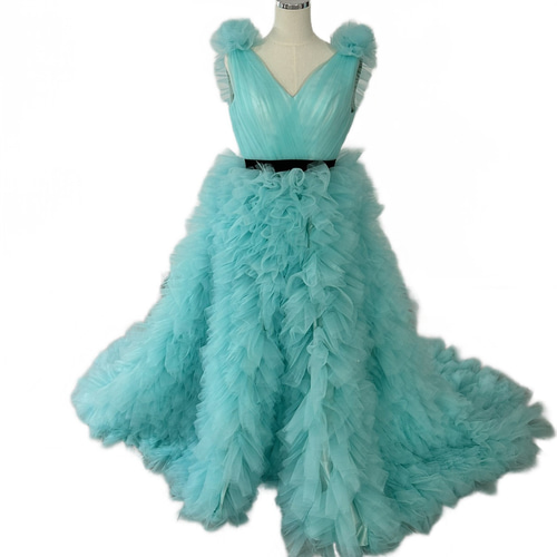 豪華！ ウェディングドレス ライトブルー カラードレス サッシュベルト  