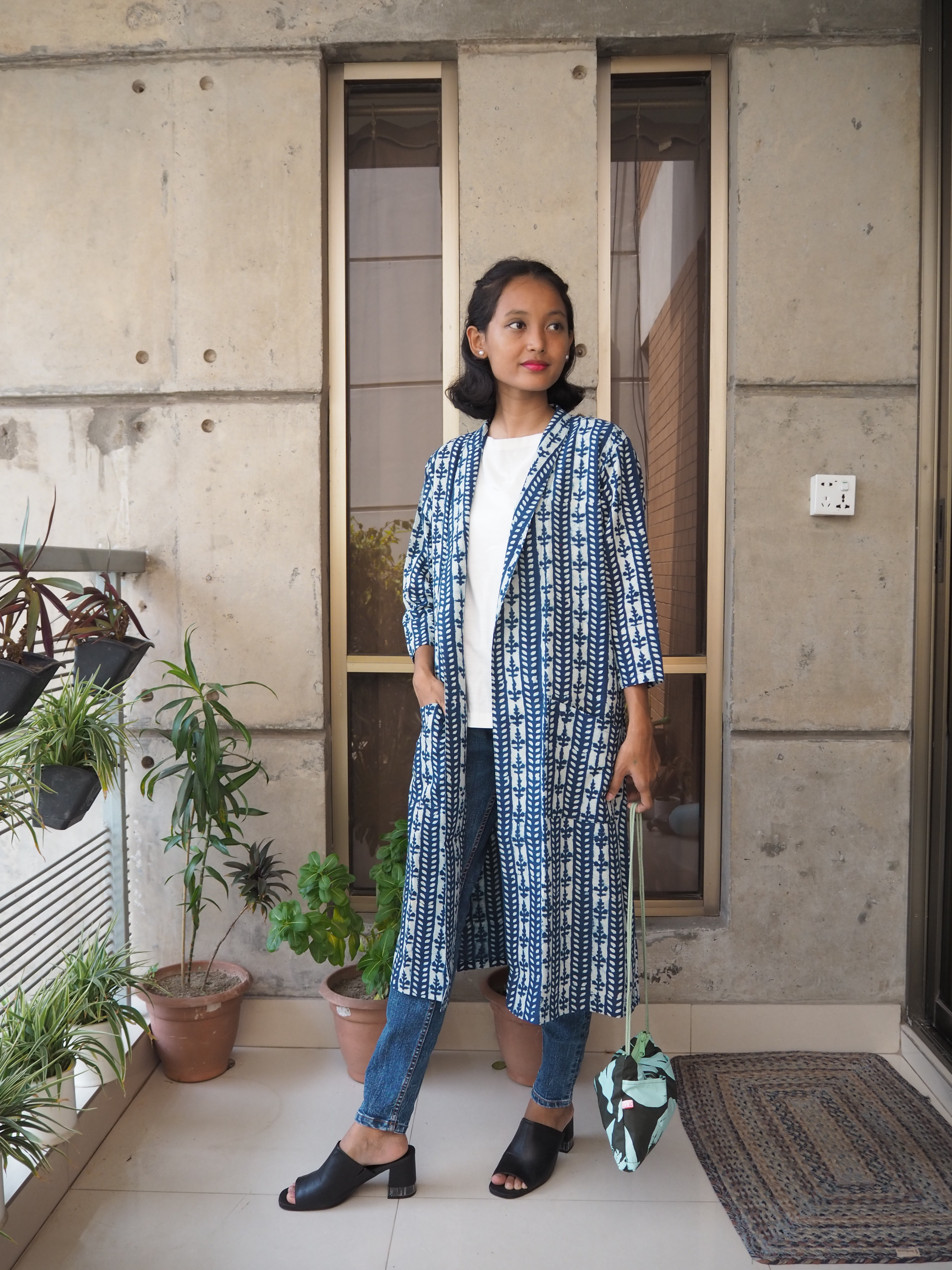 7部袖ジャケットガウン (ハンドブロックプリント）