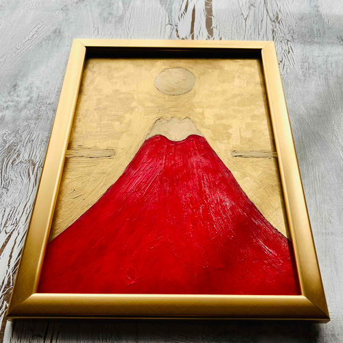 25×34㎝【勝利・金運】開運画「金富士2」原画・油彩絵画・壁掛け・額装 勝利・金運】開運画「金富士」横・特大・原画・油彩絵画・壁掛け