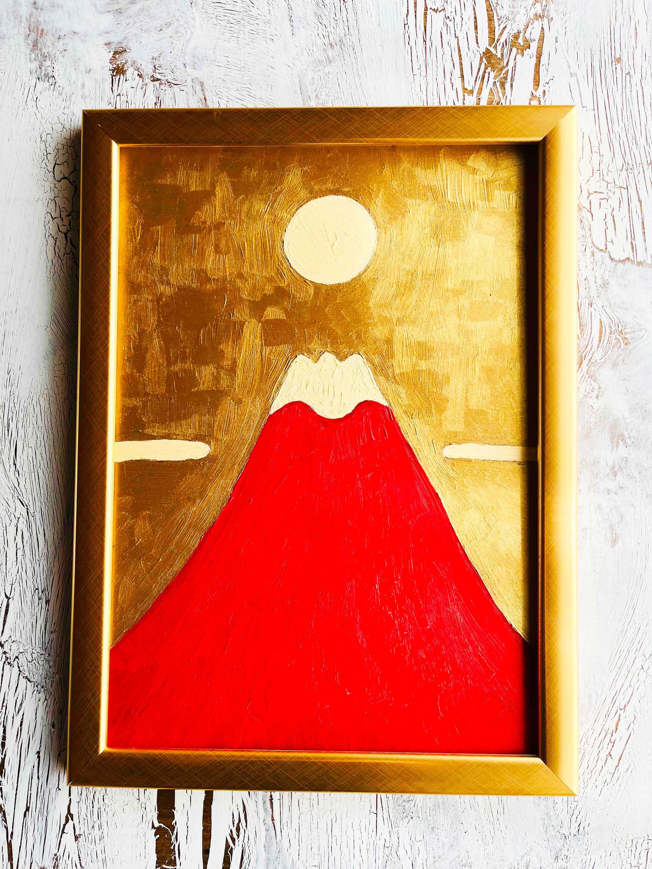 希少】縦長構図 真作 城本敏由樹 赤富士 桜 墨彩画 絵画