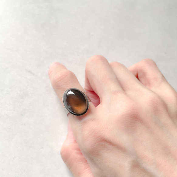 oval  stainless ring 天然石 スモーキークォーツ18×13mm オーバルリング サイズフリー 3枚目の画像