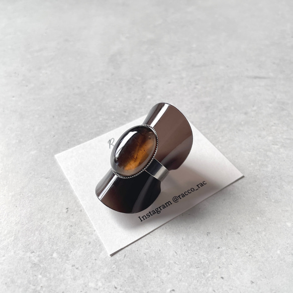 oval  stainless ring 天然石 スモーキークォーツ18×13mm オーバルリング サイズフリー 2枚目の画像