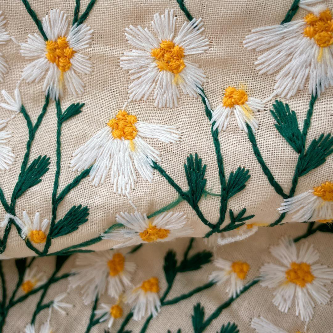 s3-hh▽コットンリネン刺繡生地▽フラワー ホワイト