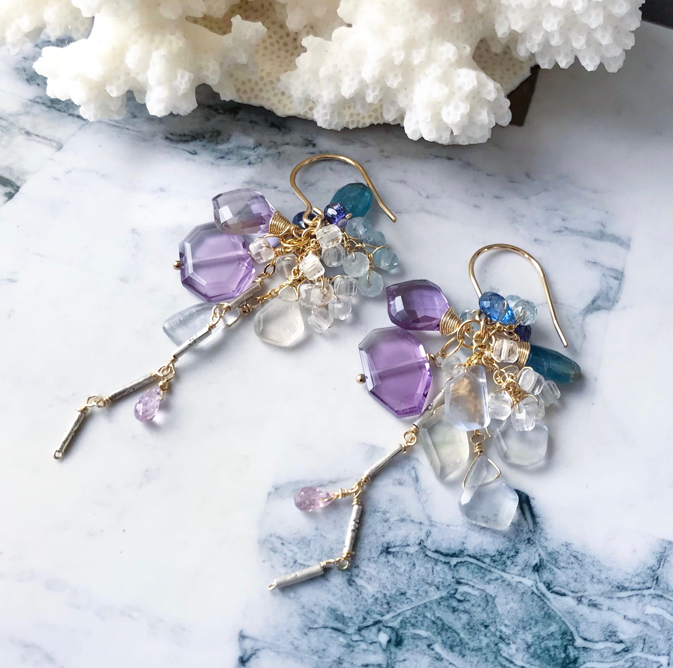 【K14gfとカレンシルバー】アメジストとフローライトのピアス(イヤリング)