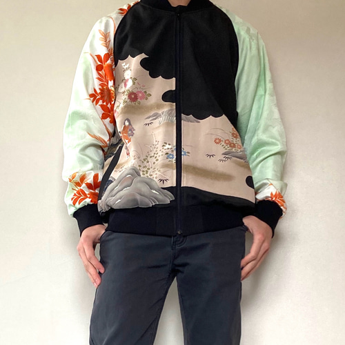 黒留袖 付下げ 着物リメイク ハンドメイド XL ジャンパー 着物 黒留袖 付下げ 着物リメイク ハンドメイド XL ジャンパー 着物