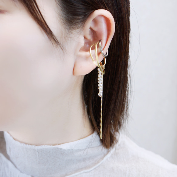 【限量款】「drops」【單耳夾/黃銅】2/3向淡水珍珠蛇鏈珠鍊 第3張的照片