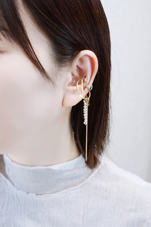 【限量款】「drops」【單耳夾/黃銅】2/3向淡水珍珠蛇鏈珠鍊 第2張的照片