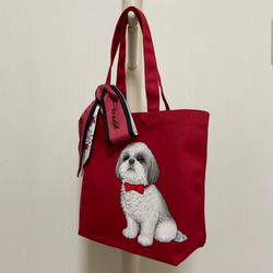 オリジナル シーズー トートバッグ 手描き  オリジナルイラスト 鞄 花柄 ツイリー スカーフ 付 犬 赤 レッド 2枚目の画像