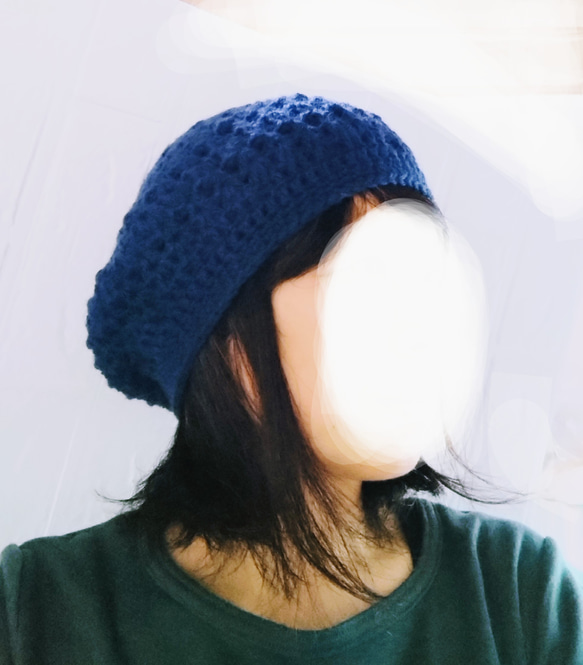 模様編みが可愛いベレー帽♪　ウール　ネイビー 7枚目の画像
