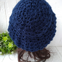 模様編みが可愛いベレー帽♪　ウール　ネイビー 3枚目の画像