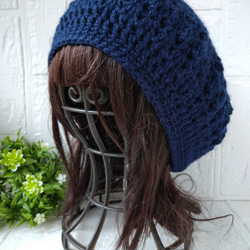 模様編みが可愛いベレー帽♪　ウール　ネイビー 4枚目の画像
