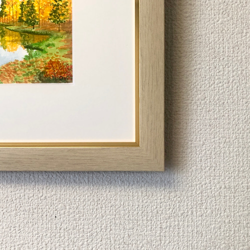 秋の水面」透明水彩画 原画 風景画 額縁付 ハガキサイズ 絵画 秋の水面」透明水彩画 原画 風景画 額縁付 ハガキサイズ 絵画