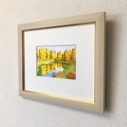 秋の水面」透明水彩画 原画 風景画 額縁付 ハガキサイズ 絵画 秋の水面」透明水彩画 原画 風景画 額縁付 ハガキサイズ 絵画