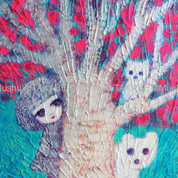 [花の木の下で] #アート #絵 #原画 #女の子と動物 #桜 1枚目の画像