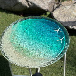 円形ガラスラウンドテーブル　エメラルドグリーンムーンビーチ　水紋のエメラルドブルーの海　 8枚目の画像
