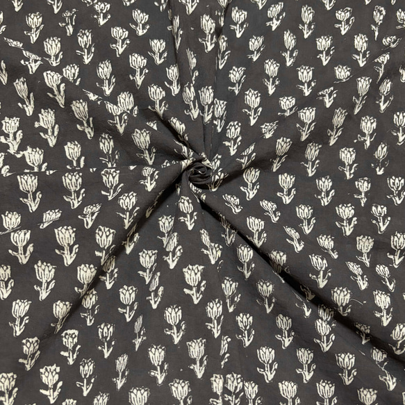 50cm単位】墨黒ブラックきなりスモールフラワーバグルー染め インド