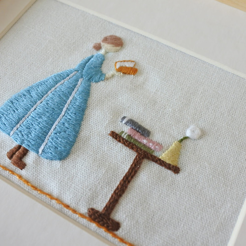 【BOXフレーム付き】羊毛絵画『雪降る夜の窓辺』ハンドメイド　ウール刺繍 本を楽しむ女の子 刺繍フレーム 壁掛け その他アート ざっ花