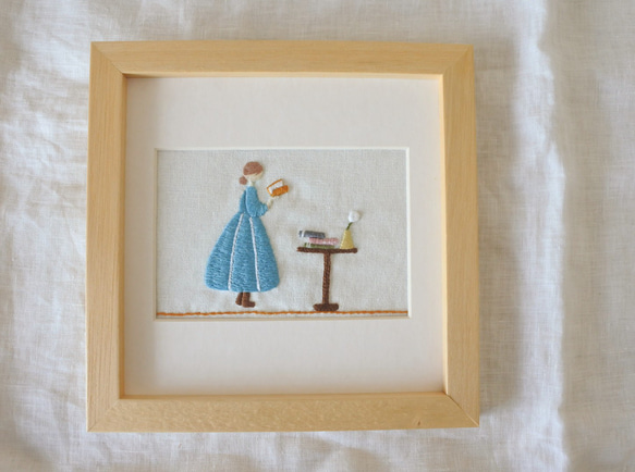 【BOXフレーム付き】羊毛絵画『雪降る夜の窓辺』ハンドメイド　ウール刺繍 本を楽しむ女の子 刺繍フレーム 壁掛け その他アート ざっ花