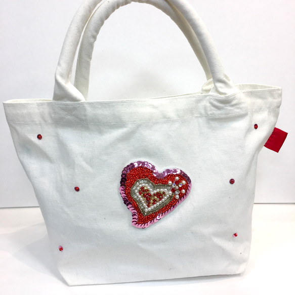 美品 シンクビー トートバッグ A4 スパンコール ビーズ 刺繍 ハート