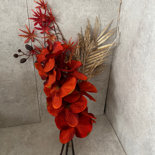 オレンジ 胡蝶蘭 アートフラワー 陶器鉢 ダークオレンジ 紅葉 胡蝶蘭造花 和装 アーティフィシャルフラワー 秋