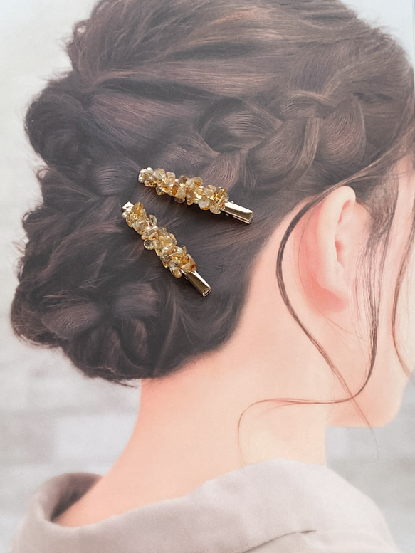 さざれとパールのヘアクリップ 2pc/シトリン【小枝アクセサリーに合わせたいヘアアクセ】 2枚目の画像