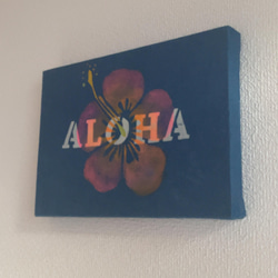 送料無料　"ALOHA"　藍染ファブリックアート 型摺り染 ハイビスカス　 2枚目の画像