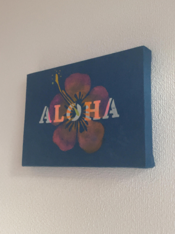 送料無料　"ALOHA"　藍染ファブリックアート 型摺り染 ハイビスカス　 2枚目の画像