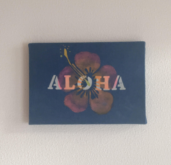 送料無料　"ALOHA"　藍染ファブリックアート 型摺り染 ハイビスカス　 1枚目の画像