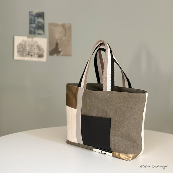 〈一点もの〉cut cloth bag トート/beige & gold 2枚目の画像