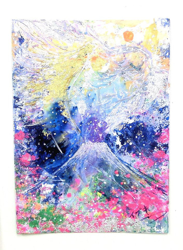 原画「富士と女神と黄金の龍 (B)」額サイズ35×48㎝ パワーアート 2枚目の画像