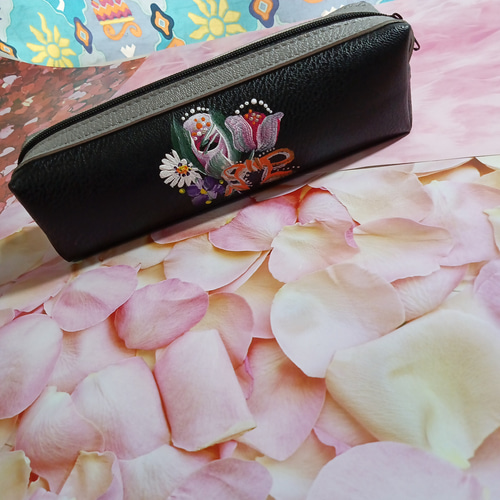 合皮ペンケース トールペイント 手書き ハンドメイド ピンクローズ