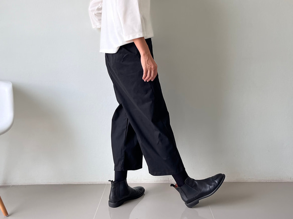ストレッチスパンデックスコットン　黒　大人気予約販売巻きスカート風なペグトップパンツ 素材   アンクル 8枚目の画像
