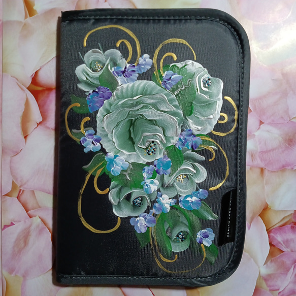 お薬手帳ケース トールペイント 手書き ハンドメイド グリーンローズ