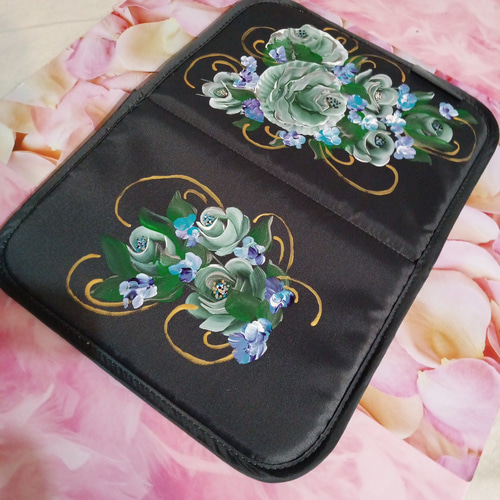 お薬手帳ケース トールペイント 手書き ハンドメイド グリーンローズ