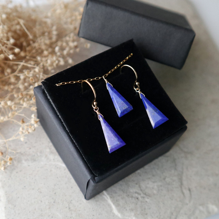 ギフトBOX付！【ラピスラズリ】ピアス＆ネックレスgiftセット(トライアングルカット)｜K14GF｜