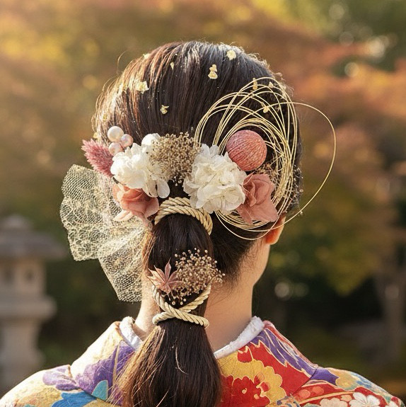 成人式　髪飾り　ホワイト×ピンク　卒業式　結婚式　成人式髪飾り　卒業式髪飾り　袴　白無垢　水引き　ウェディング髪飾り