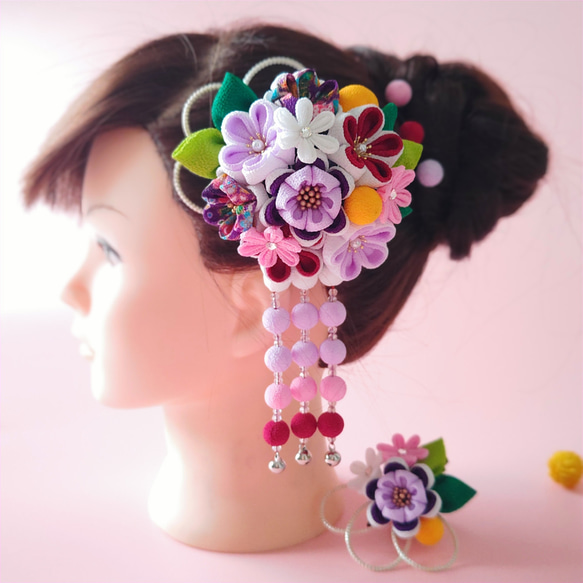 七五三　髪飾り　紫 楽天市場】七五三 豪華つまみ細工髪飾り 七五三3点飾り 紫