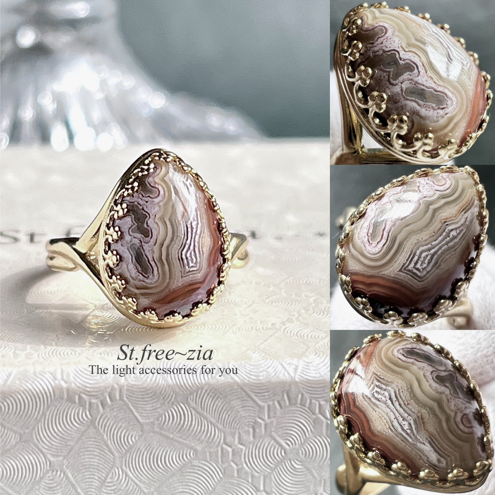 真鍮☆大粒☆メキシコ産クレイジーレースアゲート☆11〜17号フリーサイズ☆ペアシェイプ14×10mm ☆天然石リング