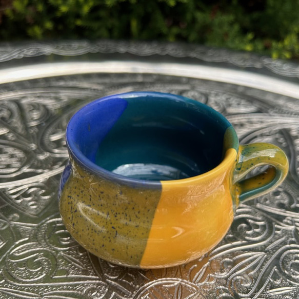 地中海陶器　小さめマグカップ　人気のブルー＆イエロー　カムファ CFBJ 9枚目の画像