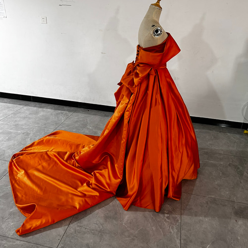 上品！テラコッタカラードレス 取り外しオフショルダー+リボン ベア  