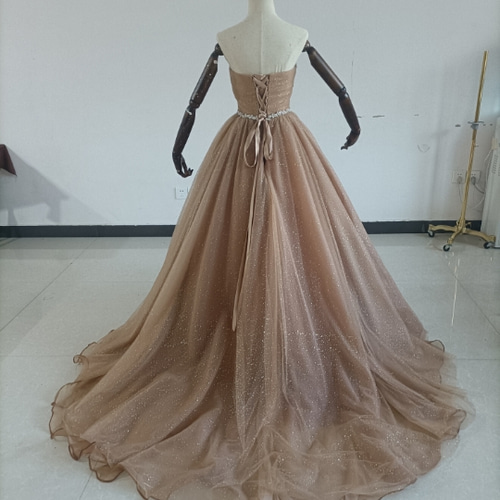 美品！シャンパン色 ドレス ベアトップ 柔らかく重ねたチュール  