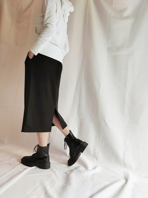 【イタリア製ウール100%】『楽ちん♥タイトスカート』ミモレ丈(黒）【M,L,2L】 1枚目の画像